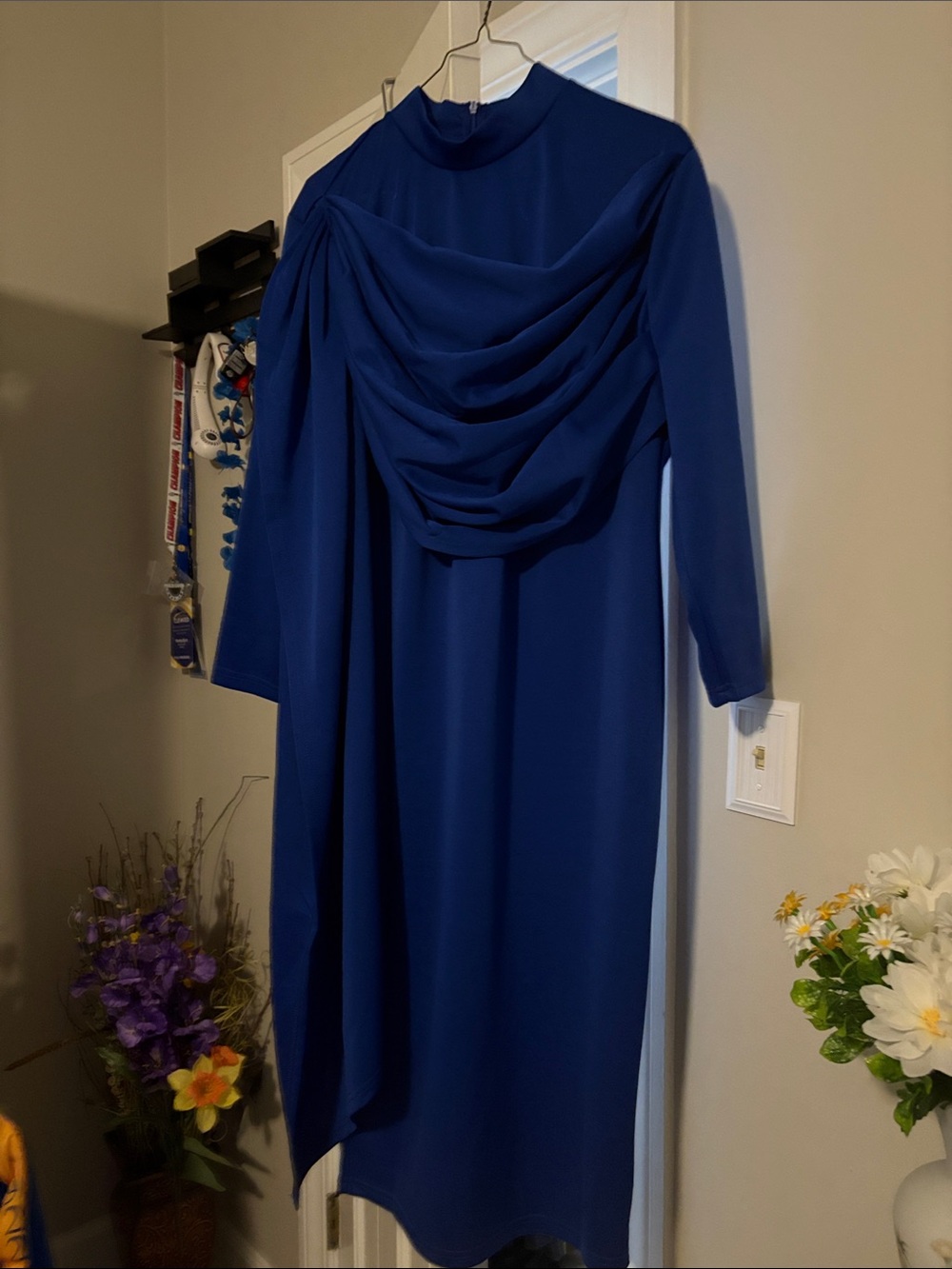 Elegant Royal Blue Draped Midi Dress - Long Sleeve